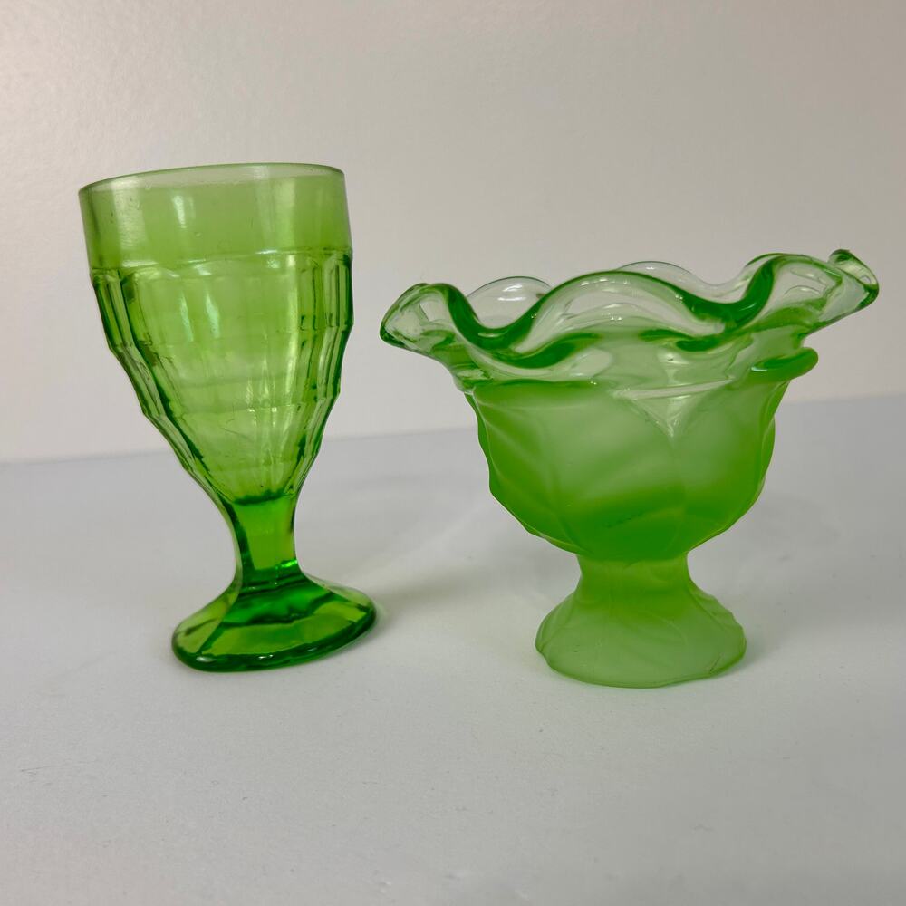 VTG Green Glass Goblet Candy Dish Satin Lot of 2